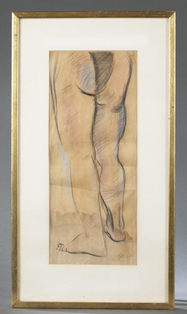George Grosz, Standing Nude, 20th c., Mixed Media.: Grosz, George (German, 1893-1959). Untitled, depicting the lower half of a standing nude figure. Mid 20th century. Charcoal and Watercolor on paper. Signed l.r. Sight: 16" x 6 1/2". Frame: 22 1/4" x 1