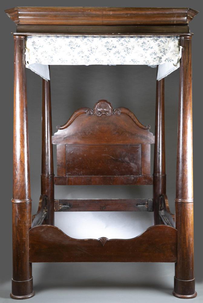 Prudent Mallard, four-poster bed, 19th century.: A Prudent Mallard (1809-1879) New Orleans, Louisiana, Empire style four-poster bed. Circa 1830. Shell-carved crest Board, with tapering bed posts. Ogee cornice with full cornice canopy top. 102" x 68"
