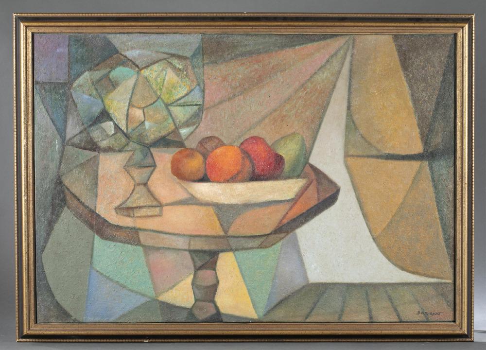 Rafael Soriano, Naturaleza Muerta, 20th c., O/C.: Soriano, Raphael (Cuban/American, 1920-2015). "Naturaleza Muerta (Still Life)." Cubist style still life depicting a glass and basket of fruit on a table. 20th century. Oil on canvas. Signed l.r. 22" x
