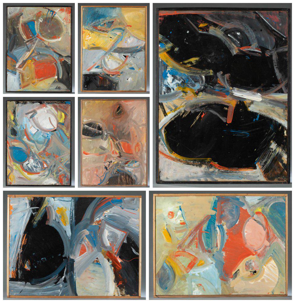 7 Merton Simpson, Universal Orchestration A, 1982.: Simpson, Merton D. (American, 1928-2013). "Universal Orchestration (Series A)." A series of seven paintings depicting thick swatches of color contrasted with loose curvilinear brush strokes. 1982. Oil