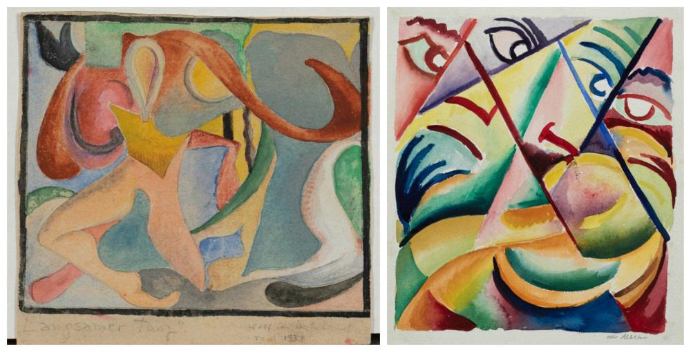 2 German Expressionist Watercolors, 20th century.: A group of two German Expressionist Watercolors. 20th century. ++ Moller, Otto (German, 1883-1964). Double-sided watercolor. Front: "Zwi KÃ¶pfe (Two Heads)." Colorful cubist style representation of 