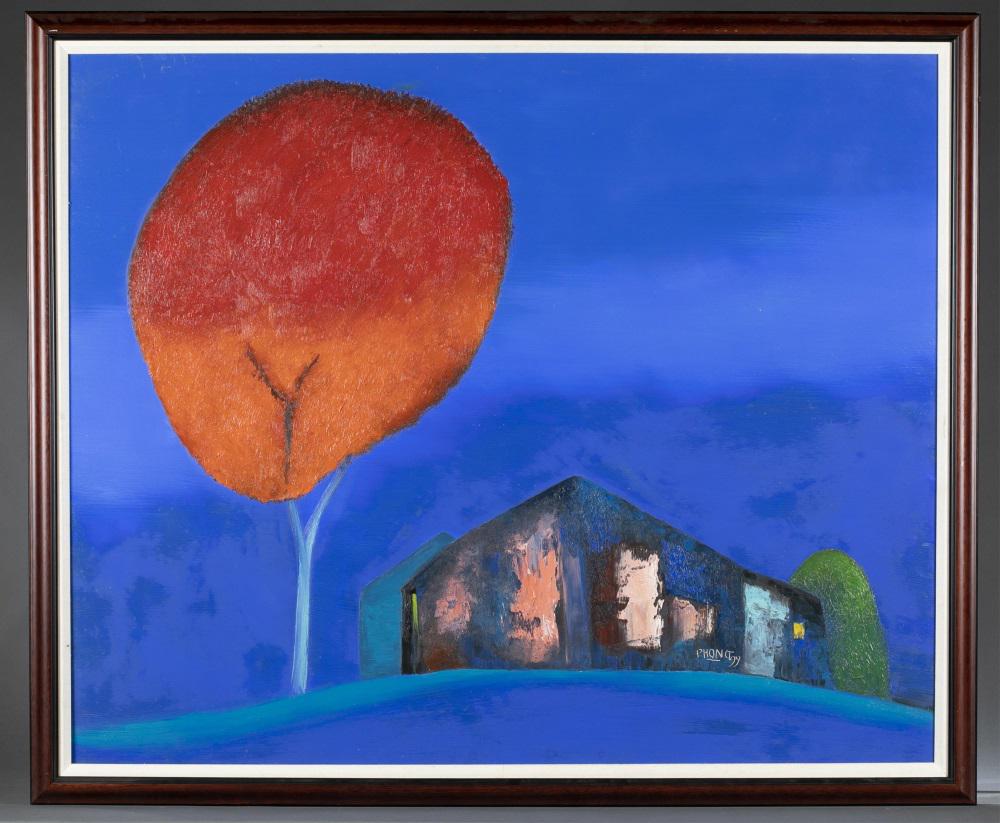 Dao Hai Phong, Large View of Vietnam, 1999, O/C.: Phong, Dao Hai (Vietnamese, b. 1965). Untitled view of Vietnam. Depicting a large tree by a single house and tree in blue, green, and red. 1999. Oil on canvas. Signed and dated l.r. 35 1/4" x 42 1/4".