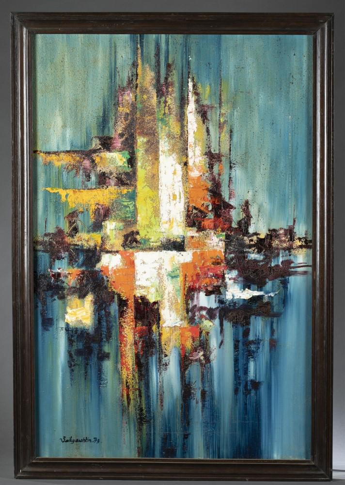Sai Kyaw Htin, Attrib., Abstract , 1973, O/C.: Attributed to Htin, Sai Kyaw (Burmese, b. 1947). Large geometric abstract depicting thick swatches of color over a blue and purple background. 1973. Oil on canvas. Signed and dated l.l. 36" x 24".