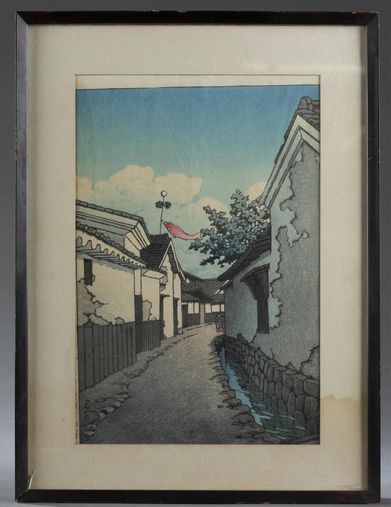 Japanese woodblock print, Kawase Hasui.: A Japanese woodblock print. Hasui, Kawese. (Japanese, 1883-1957). Koinobori Carp Banner in Toyohama, Kagawa. 1948. 15 1/2" x 10 1/2". Frame: 18" x 14"._x000D_ Condition: Loose print. Light toning thro