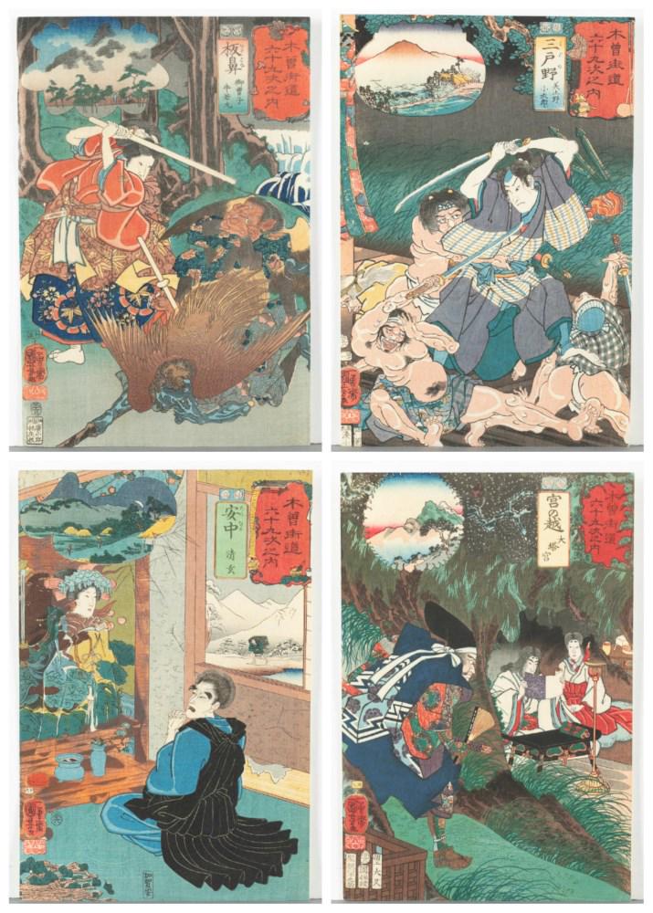 4 Japanese woodblock prints, Utagawa Kuniyoshi.: A group of four Japanese woodblock prints. Kuniyoshi, Utagawa (1798-1853). Four prints from the series Sixty-nine Stations of the KisokaidÃ´ Road (KisokaidÃ´ rokujÃ»kyÃ» tsugi no uchi). Circa 