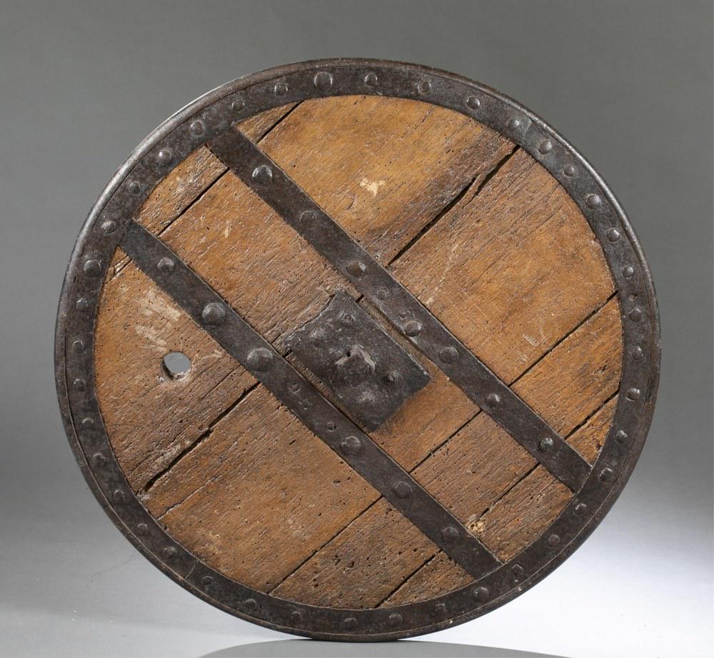 A Chinese iron & solid wood cart wheel.: A Chinese iron and solid wood cart wheel. 19th century. 33" diameter x 1 1/2"._x000D_ _x000D_ Condition: Requires third party professional art handlers or shippers for transportation, we will provide 
