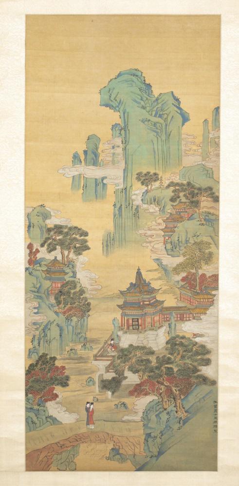 Chinese scroll painting after Wang Zhenpeng.: A Chinese scroll painting after Wang Zhenpeng. Yuan dynasty (1297-1368). Landscape depicting people on a stone bridge with trees, pagodas, and mountains.