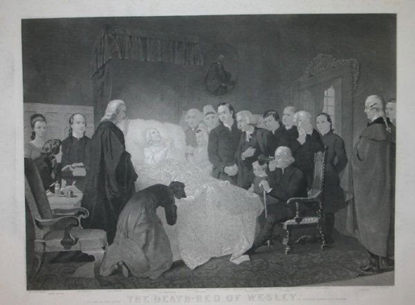 [John Wesley]. 2 Lithographs, 5 copies of each.: [John Wesley]. 2 Lithographs, 5 copies of each. Phil: William Smith, c. late 19th century. ++ The Death-Bed of Wesley, 17 x 23 ++ The Rescue of John Wesley 19 x 25 1/2. ++ Condition varies. Most with