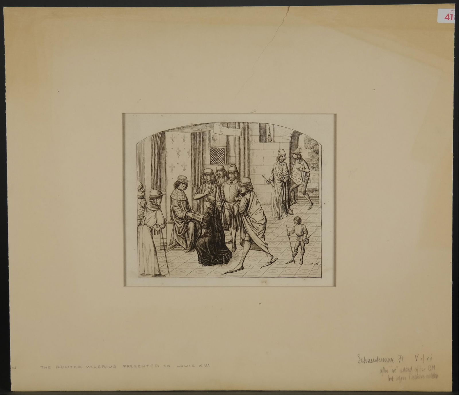Charles Meryon and Jacques Callot. 2 etchings.: Meryon, Charles (French, 1821-1868). "The Printer Valerius Maximus Being Presented to the King Louis XI" (PrÃ©sentation du ValÃ¨re Maxime au Roi Louis XI). 1860. Etching on laid paper. Signed in t