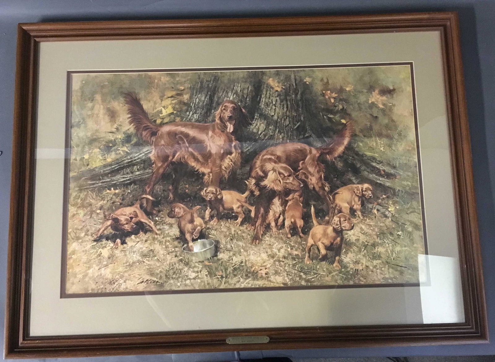Bob Abbot. Irish Setter Family. Signed. #989/1000.: Bob Abbot. Irish Setter Family. Offset lithograph. Pencil signed at lower left, 989/1000. Sight: 19" 30 1/4". Framed: 28 1/2" x 38 1/2".