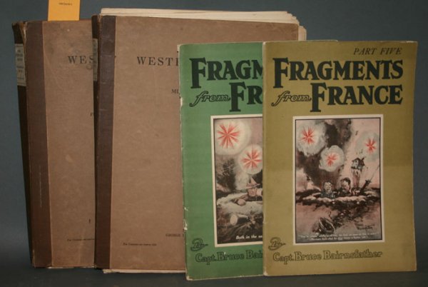 WWI illustrations: Muirhead Bone + Bairnsfather.: [WWI Illustrations]. 2 Titles (4 Vols). 4to. ++ Muirhead Bone. The Western Front. 2 Portfolios containing 203 illustrations. GC: Doubleday, Page & Co., 1917. 4to. Lacking some text leaves. Consists of