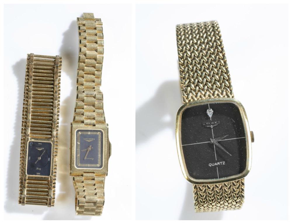 3 Longines Gold Tone Bracelet Wristwatches: A group of three gold tone Longines bracelet watches. ++ Longines quartz bracelet watch with rectangular black face and stainless steel gold tone case and band. 8". ++ Longines quartz bracelet watch w