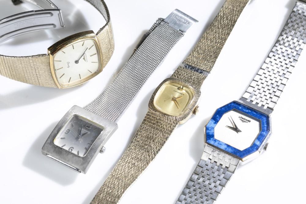 4 Longines wristwatches.: A group of four Longines wrist watches. ++ Longines 10k gold plated wind up wrist watch. Square with gold face and gold and stainless steel case. 10k gold plated band. Band missing link. Currently run
