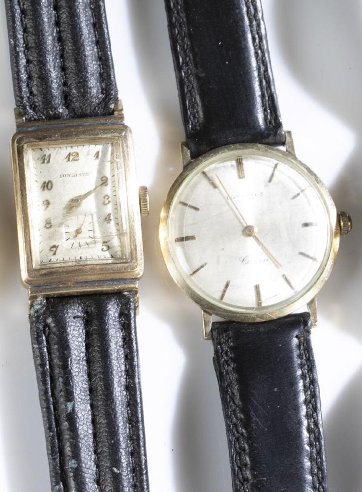 2 Longines 10k gold fill wind up wristwatches.: A group of two Longines 10k gold filled wristwatches. Both currently running. ++ Longines Cosmo having round face with 10k gold filled case and black leather band. Marked on face "Longines". Closed 3 
