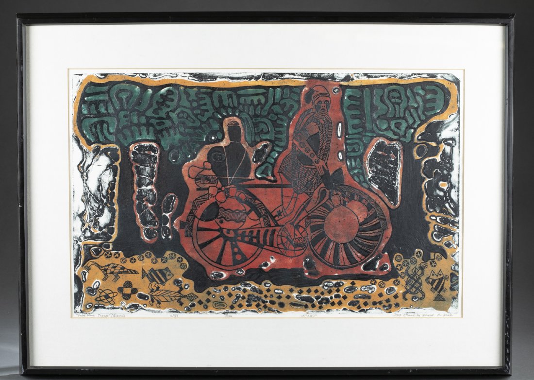 David H. Dale, Palm Wine Tapper, 1974, Etching.: Dale, David H. (British/Nigerian, b.1947). "Palm Wine Tapper (Elemu)." Stylized depiction of a man on a bike with containers of palm wine. 1974. Etching. Titled, numbered "4/20", dated, dimensions giv