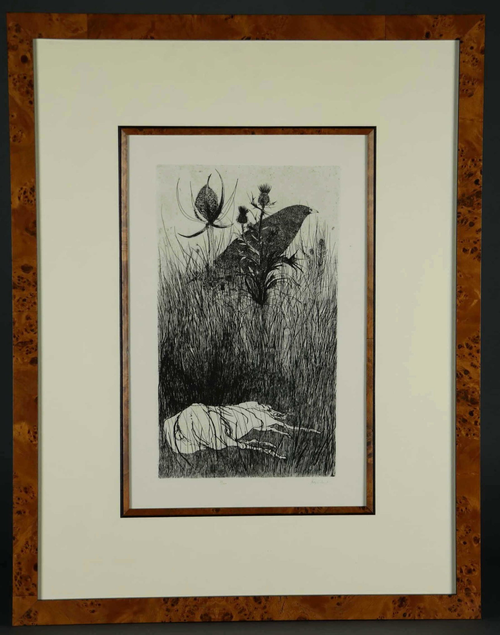 Leonard Baskin. Etching. Dog in the Meadow. 1966.: Baskin, Leonard (American, 1922-2000). "Dog in the Meadow." 1966. Etching. Edition 4 of 100. Editioned and signed in pencil, l.l., l.r., respectively. Fern & O'Sullivan 464. Framed: 28 3/4" x 22 3/8".