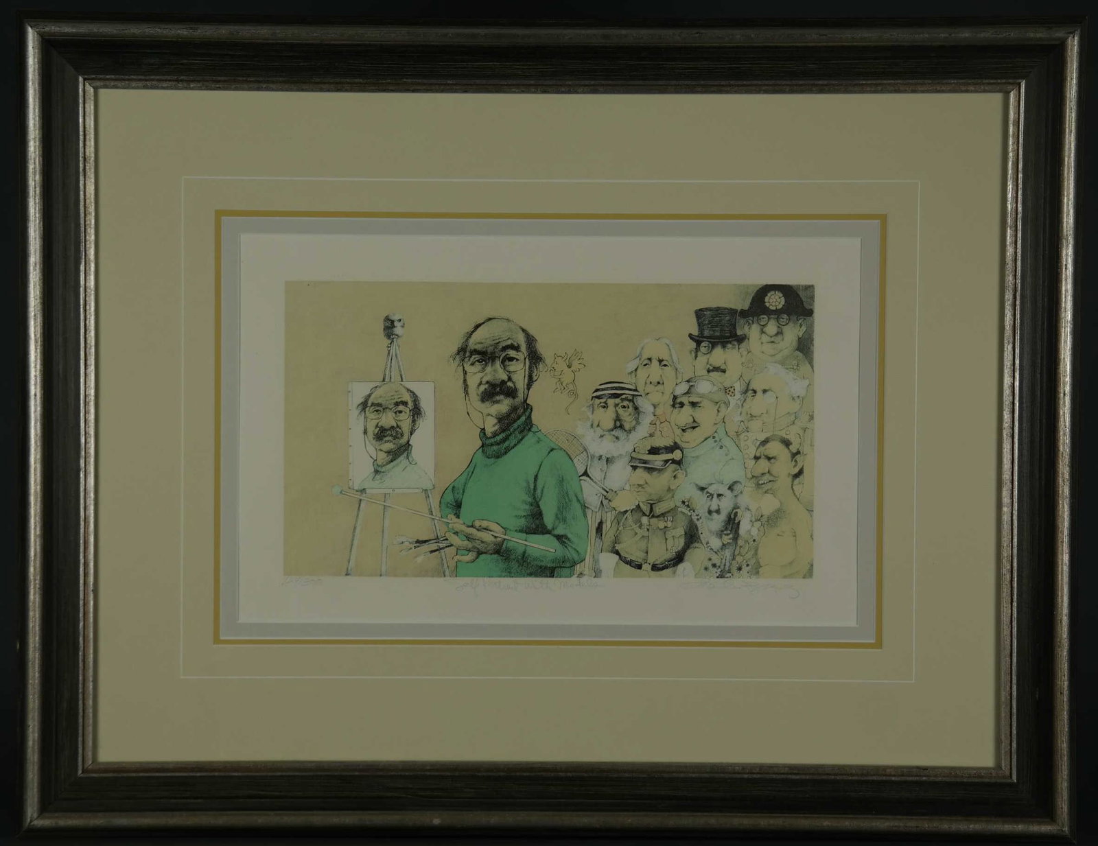 Charles Bragg. Lithograph, Drawing, Two Etchings.: Bragg, Charles (American, 1931-2017). One lithograph in colors, one drawing, two etchings. 20th century. (1) "Self-Portrait with Models." Edition 124 of 300. Editioned, titled, signed in pencil, l.l.,