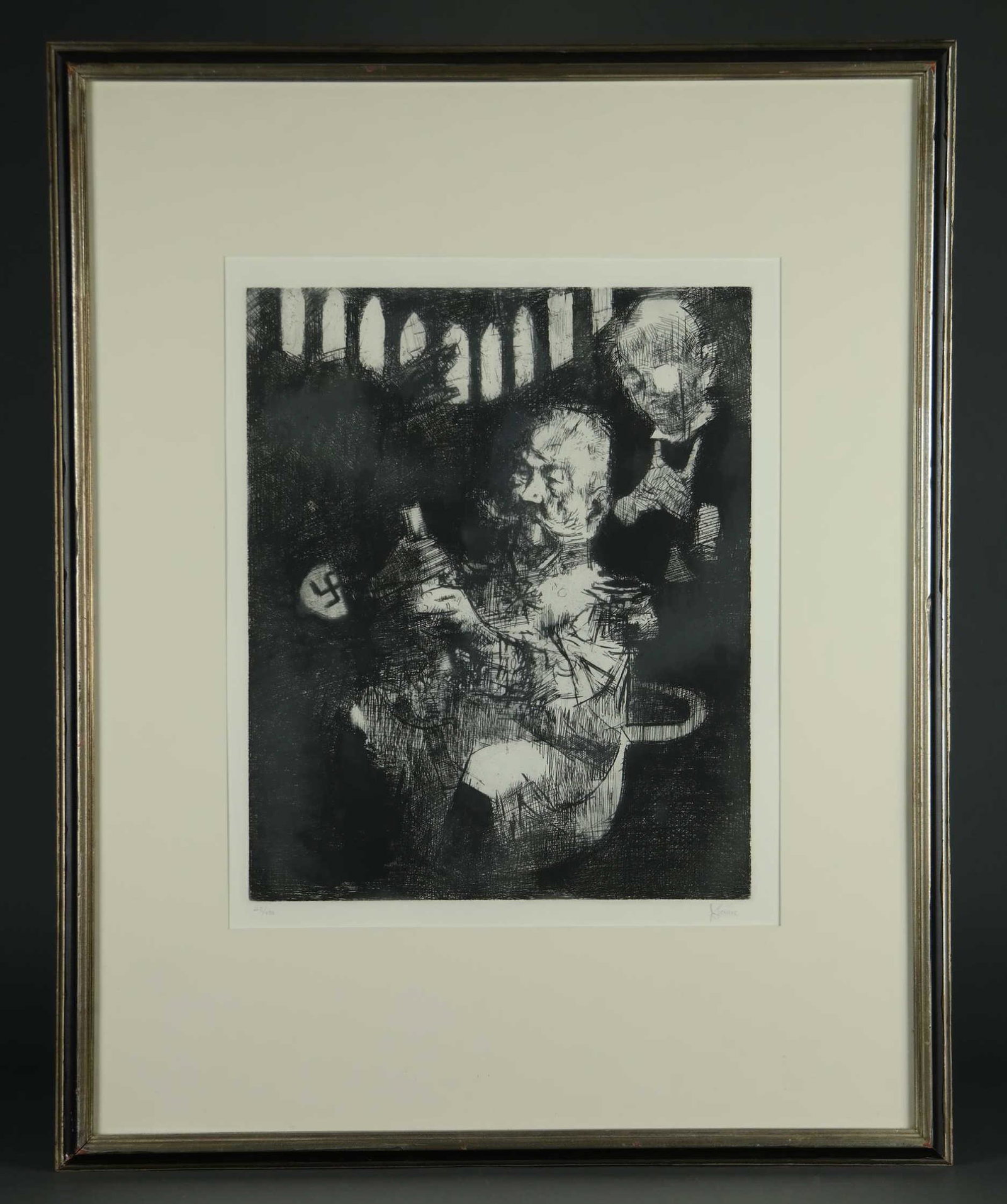 Jack Levine. Thought + End of the Weimar Republic.: Levine, Jack (American, 1915-2010). (1) "The End of the Weimar Republic." 1967. Etching. Edition 45 of 100. Editioned and signed in pencil, l.l., l.r., respectively. Framed: 32" x 25 3/4". (2) "Though