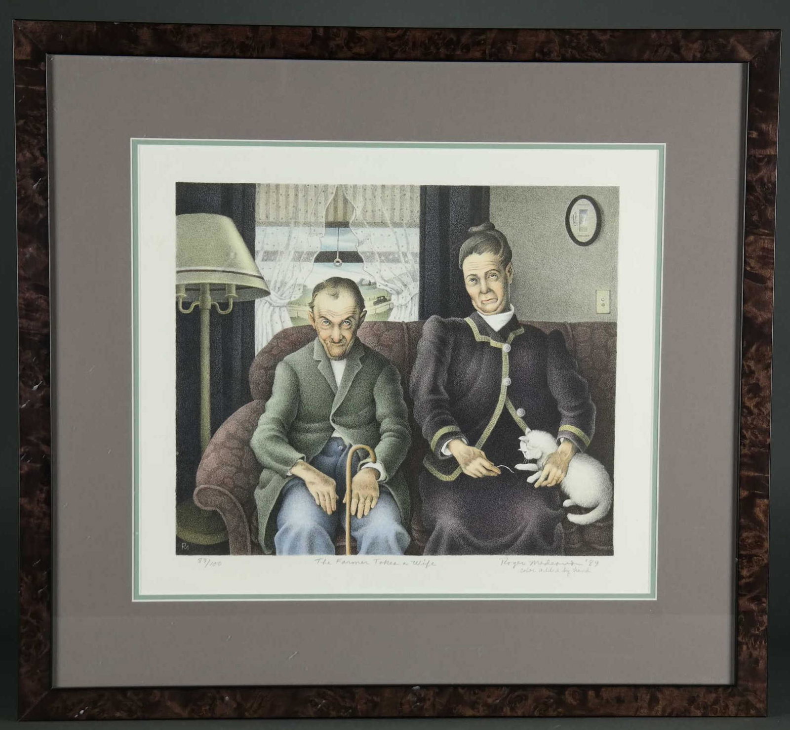 Roger Medearis. The Farmer Takes a Wife. 1989.: Medearis, Roger (American, 1920-2001). "The Farmer Takes a Wife." 1989. Lithograph with hand-coloring. Edition 89 of 100. Editioned, titled, signed, and dated in pencil, l.l., l.c., l.r., l.r., respec
