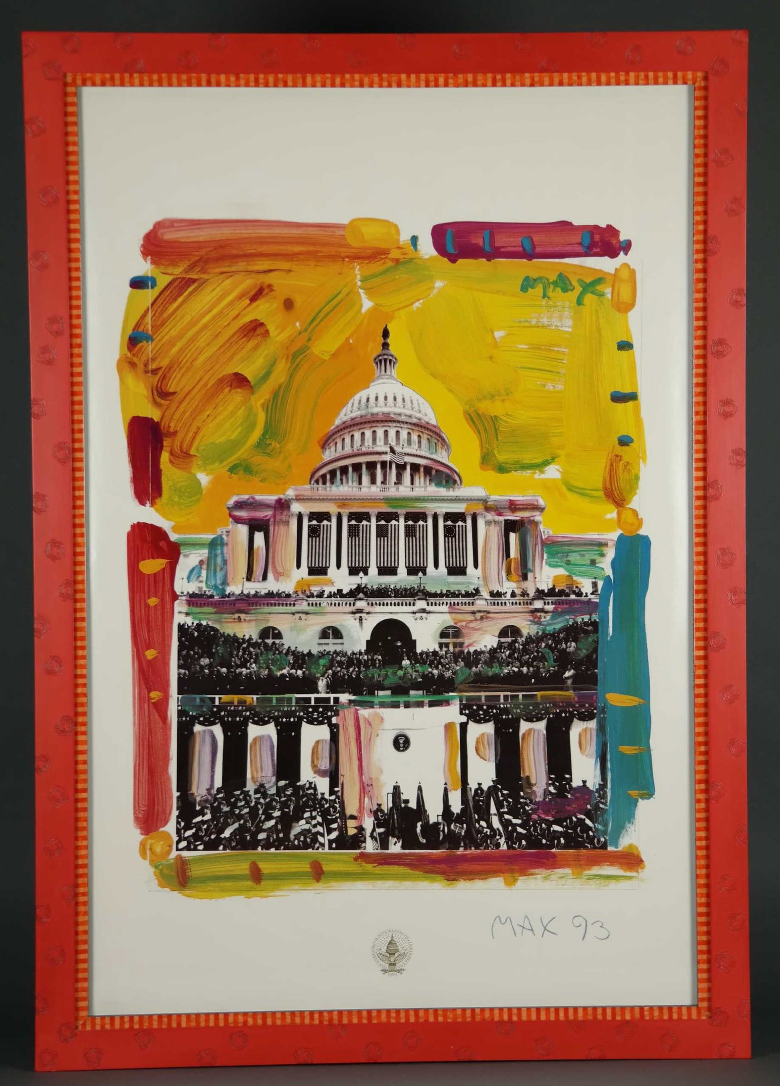 Peter Max. Clinton Inaugural v.5. 1993. Signed.: Max, Peter (German-American, b. 1937). "Clinton Inaugural v.5." 1993. Poster with official seal of the inaugural committee. Signed and dated in pencil, l.r. Framed: 39 3/4" x 27 3/4"._x000D_ Condition