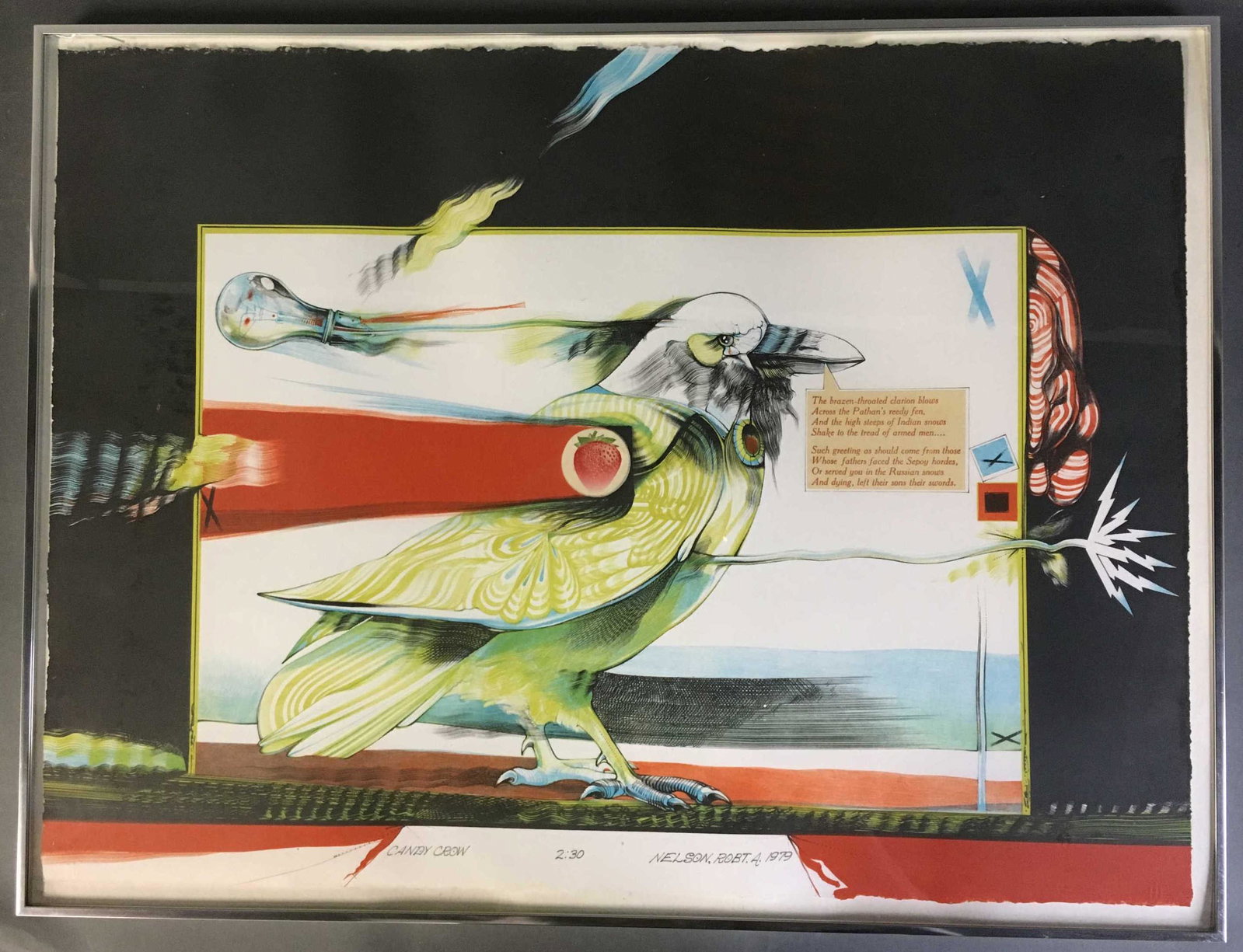 Robert Nelson. Candy Crow. Color lithograph.: Robert Nelson (Am., b. 1925). Candy Crow. Color lithograph. Signed in lower margin with title and time. 22" x 29 5/8". Frame: 23 3/4" x 31 1/4".
