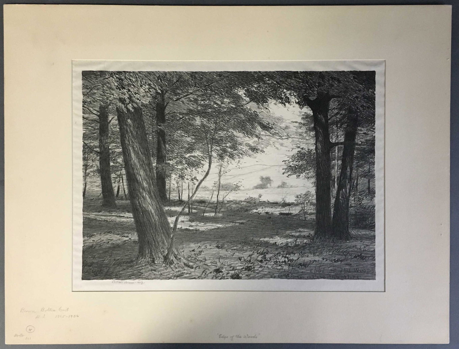 Bolton Brown (Am. 1865-1936). 3 signed lithographs: Bolton Brown (Am., 1865-1936). 3 lithographs, each pencil signed in lower margin: ++ Sunrise. 11 1/4" x 9 7/8". ++ Edge Of The Woods. 9 7/8" x 13 3/4". ++ Untitled, farm field viewed from behind trees