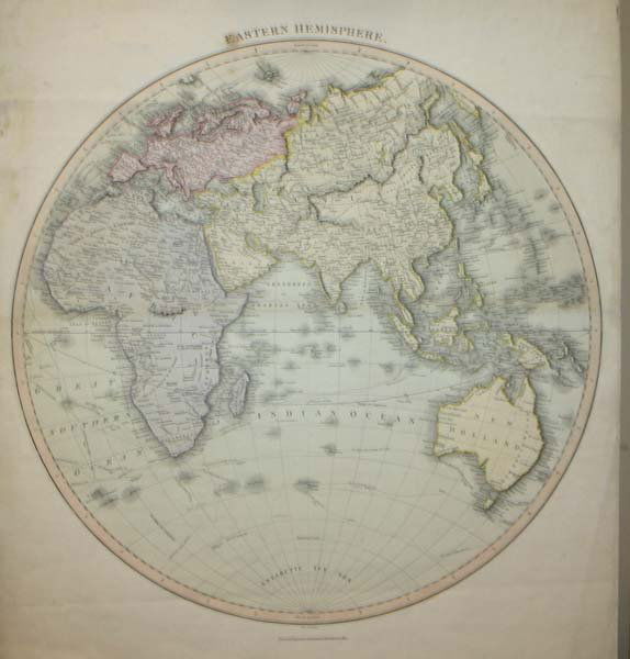 Map, Eastern Hemisphere, Thomson [Lon: c1814-1817: Eastern Hemisphere. Engraved double page circular hemisphere map, from John Thomson's ''A New General Atlas,'' Lon: c.1814-1817. Original hand-coloring, 19 7/8 in. diameter.