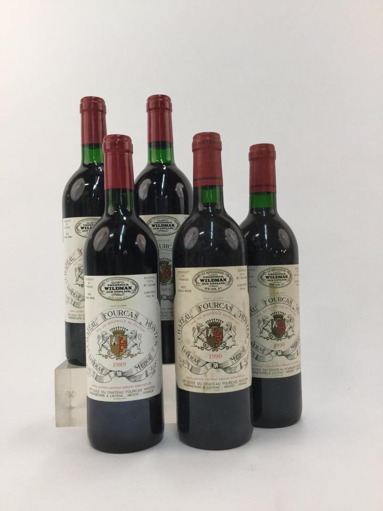 5 1989 & 1990 Listrac Medoc.: Five bottles of 1989 & 1990 Listrac Medoc, 750ml. ++ Three bottles of 1989 Chateau Fourcas Hosten. ++ Two bottles of 1990 Chateau Fourcas Hosten._x000D_ Condition: Some accretions and abrasions to bot