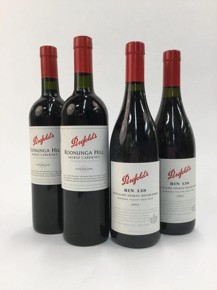 4 Penfolds Red Blends.: Four bottles of Penfolds red blends, Barossa Valley, Australia, 750ml. ++ Two bottles of 2000 Koonunga Hill, Shiraz/Cabernet. ++ Two bottles of 2004, Bin 138, Grenache/Shiraz/Mourvedre.