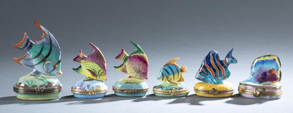 6 Limoges Peint Main, 20th century.: A group of six Limoges Peint Main porcelain boxes. 20th century. French. Tropical fish trinket boxes. Marked on bottom. Largest: 4" x 2 1/5". Smallest: 2" x 2"._x000D_ Provenance: From the Estate of J