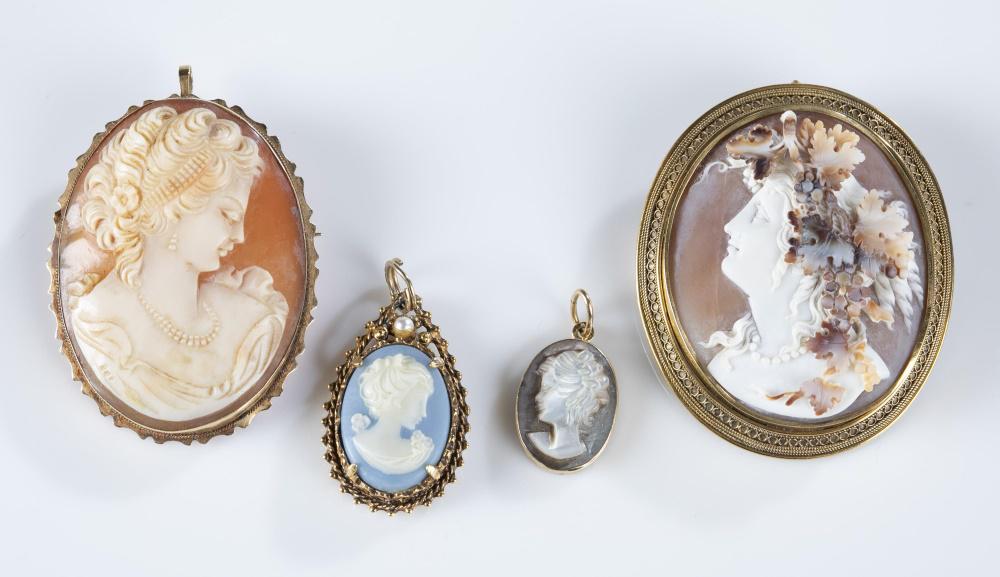 4 Cameos, 2 pendants & 2 pins.: A group of four cameos. ++ Small blue and white cameo pendant in gold tone setting. Marked "Florenza" on back 1" x 1 1/8". ++ Small cameo pendant in 14k gold setting. 5/8" x 1/2". ++ Purple and white 