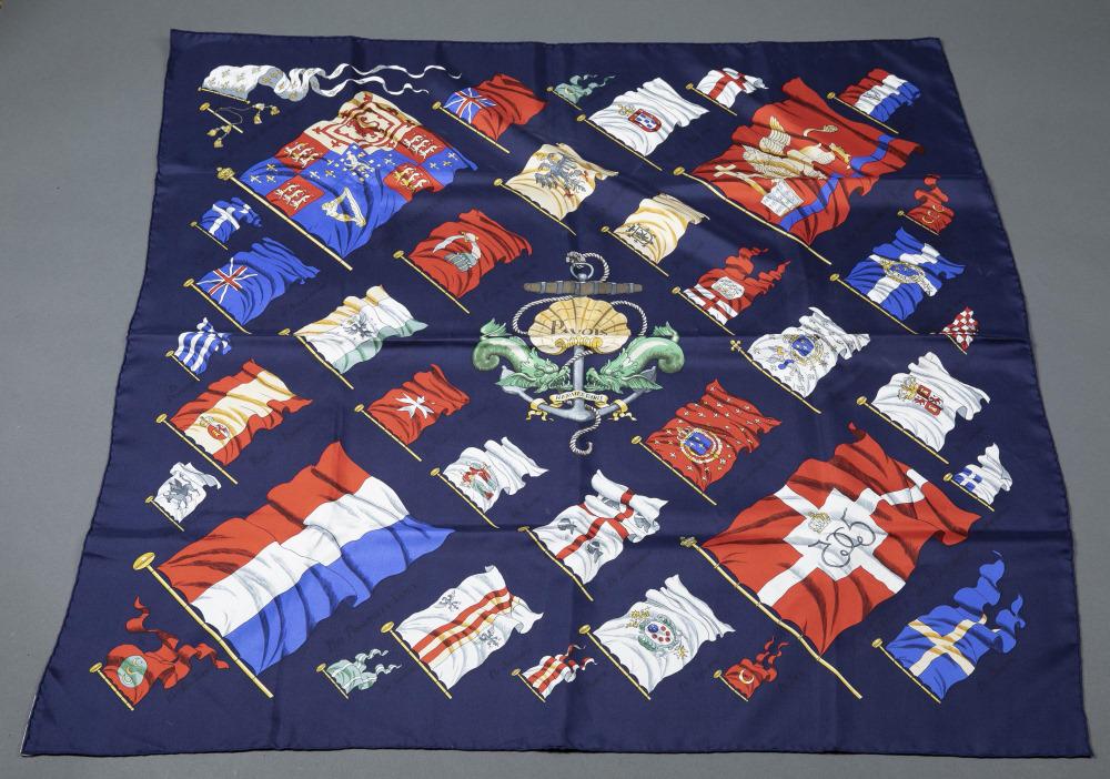 Hermes, Pavois, Silk Scarf.: An Hermes "Pavois (Bulwarks)" silk scarf. European 16th century nautical flags over a dark blue background. Designed by Philippe Ledoux. Pattern first issued in 1964. Comes with original box. Few smal