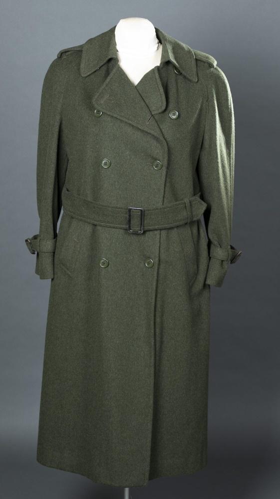Burberry, Green Wool Trench Coat.: A Burberry trench coat with cinched belt. Dark green wool, double breasted with two pockets. Silk lined. Two very small stains to silk. Bust: Approx, 40. Length: Approx, 48".
