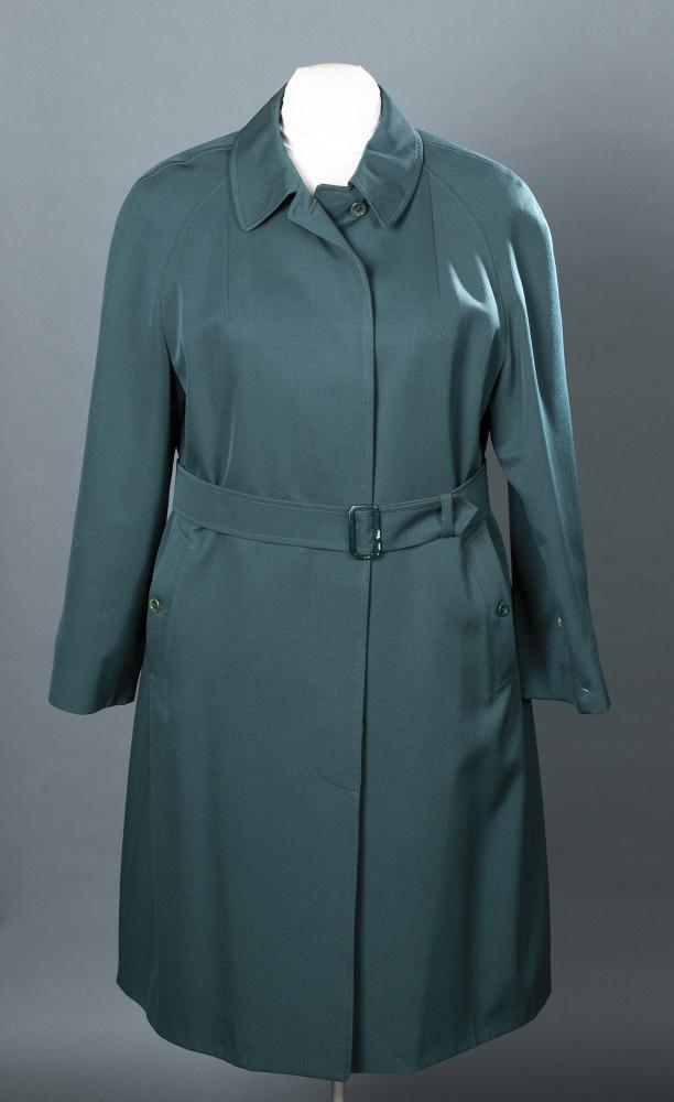 Burberry, Wool Trench Coat.: Burberry dark green wool coat with matching belt. Label "Burberrys' made in England" and "Made from Burberry all wool Burella Coating." Bust: Approx, 44". Length: Approx, 43".