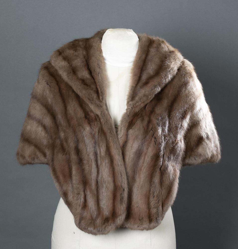 Brown Mink Fur, New York Fur Shop, Stole.: A brown mink fur stole by New York Fur Shop. Lining is silk embroidered with dancing figures. Slight tear and fraying in lining near collar and staining to lining. Shoulder: Approx, 16". Length: Appro