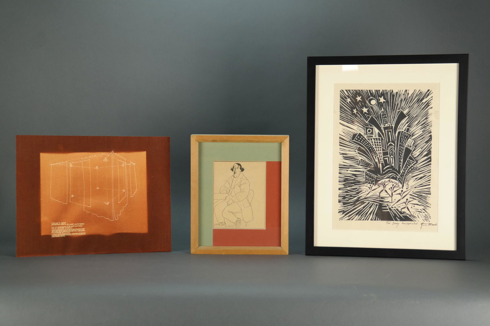 4 framed and unframed items: [Artworks] (1) Cariacature of August Bournonville by David Levine. From the New York Review of Books, March 1980. (2) Notice for "Crow's Nest: An Intermedia Work by Elaine Summers". (3) Matted reprodu