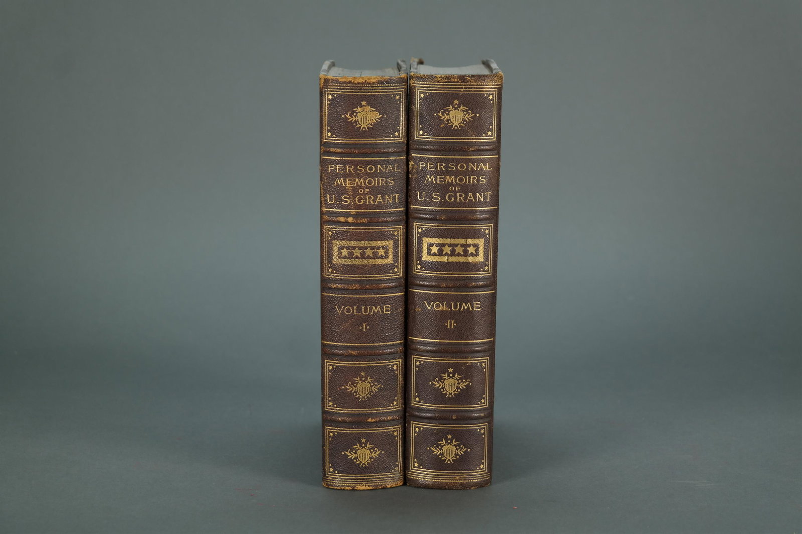 2 vols. Personal Memoirs of U.S. Grant. 1885.: [Grant] Grant, Ulysses S. Personal Memoirs of U.S. Grant. 2 Vols. Charles L. Webster, New York, 1885-6. 8vo. Publisher half dark brown morocco, gilt medallion on both covers, all edges speckled. Illus