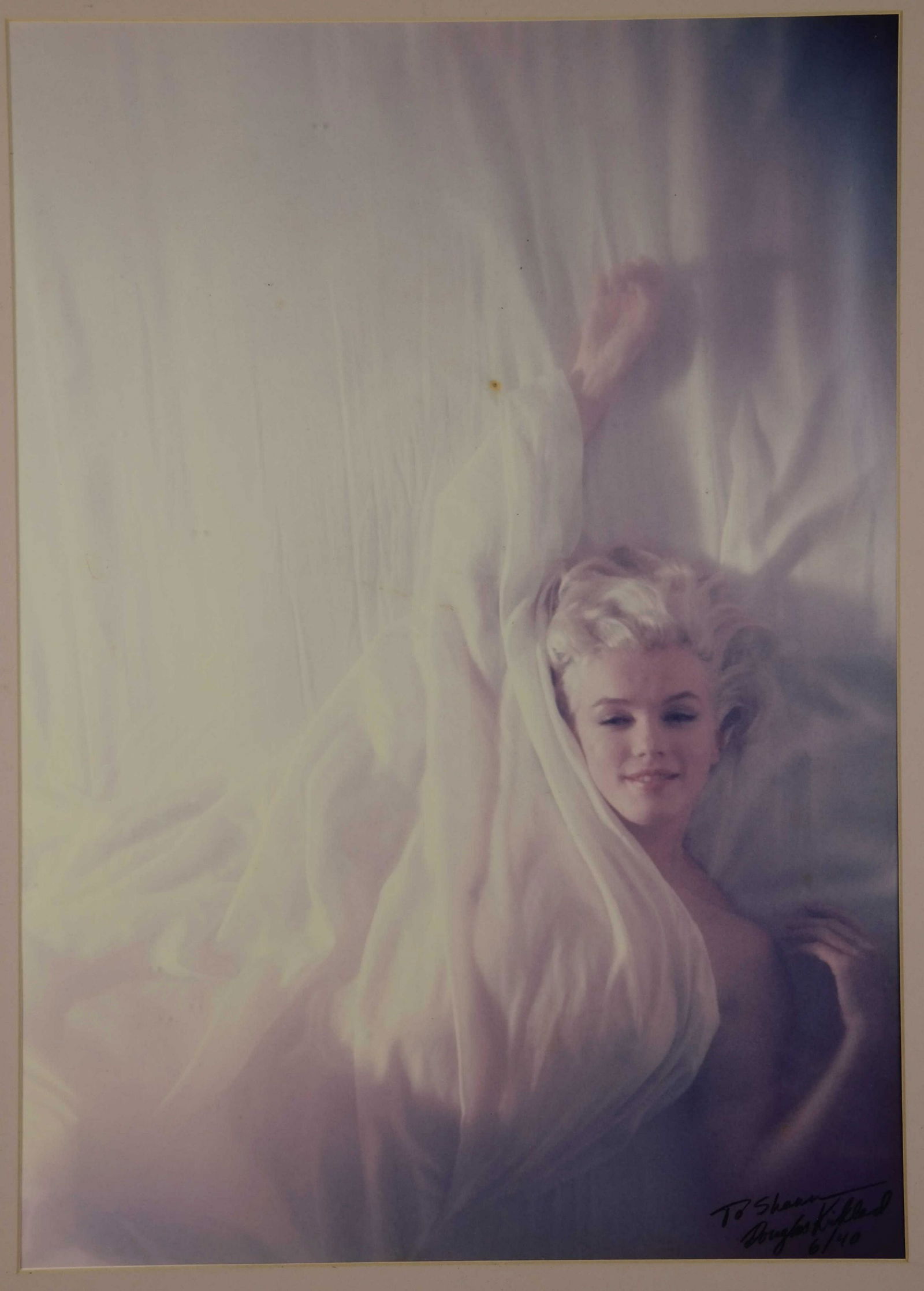 Douglas Kirkland. Marilyn Monroe. c. 1960s.: [Autograph] Kirkland, Douglas (Canadian, b.1934). "Marilyn Monroe." c. 1960s. Carbon pigment print. Edition 6 of 40. Signed, inscribed ("To Shaun") and editioned, l.r. by Kirkland. Includes photograph