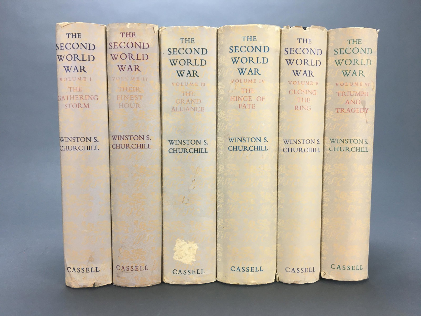 Churchill. Second World War. 6 Vols. 1948-54.: [Churchill] Churchill, Winston S. The Second World War. 6 Vols. London: Cassell & Co. Ltd, 1948-1954. 8vo. First Trade Edition. Black cloth, spine letters gilt, top edges red. Maps._x000D_ Condition V