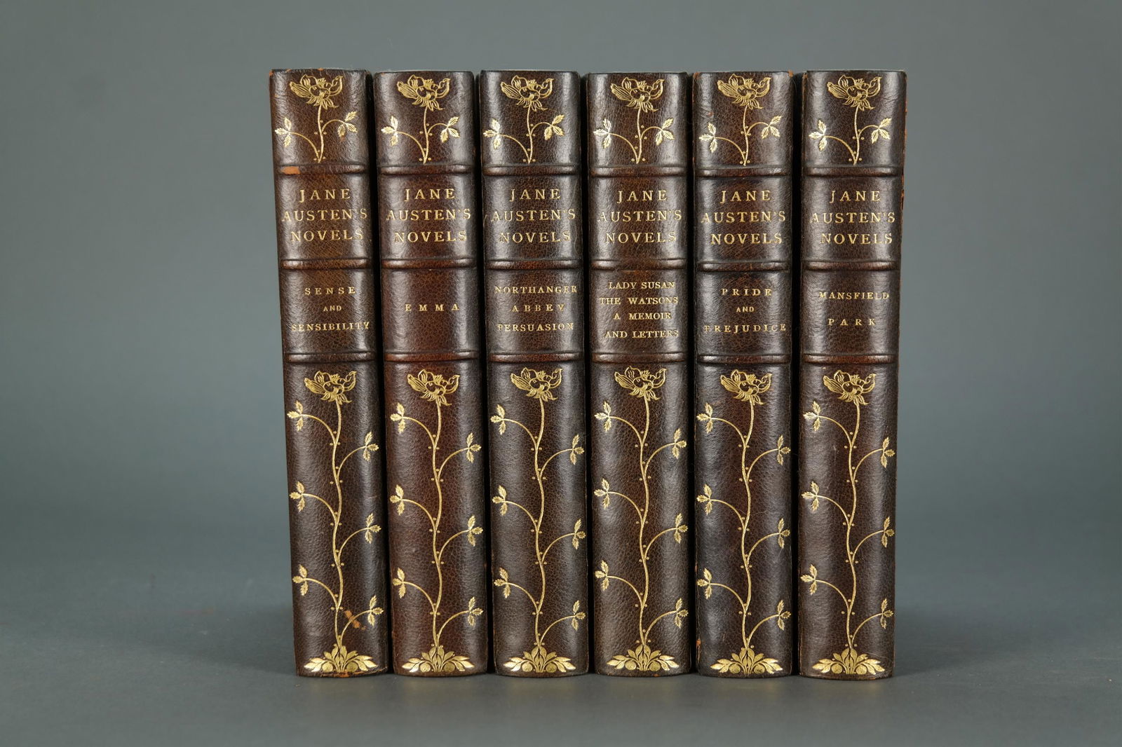 Jane Austen's Novels. 6 Vols. 1892.: Austen, Jane. Jane Austen's Novels. 6 Vols. Hand Library Edition. Little, Brown, Boston, 1892. 8vo. Half black morocco & marbled boards, ribbed 4-panel spine with gilt letters and Art Nouveau gilt flo