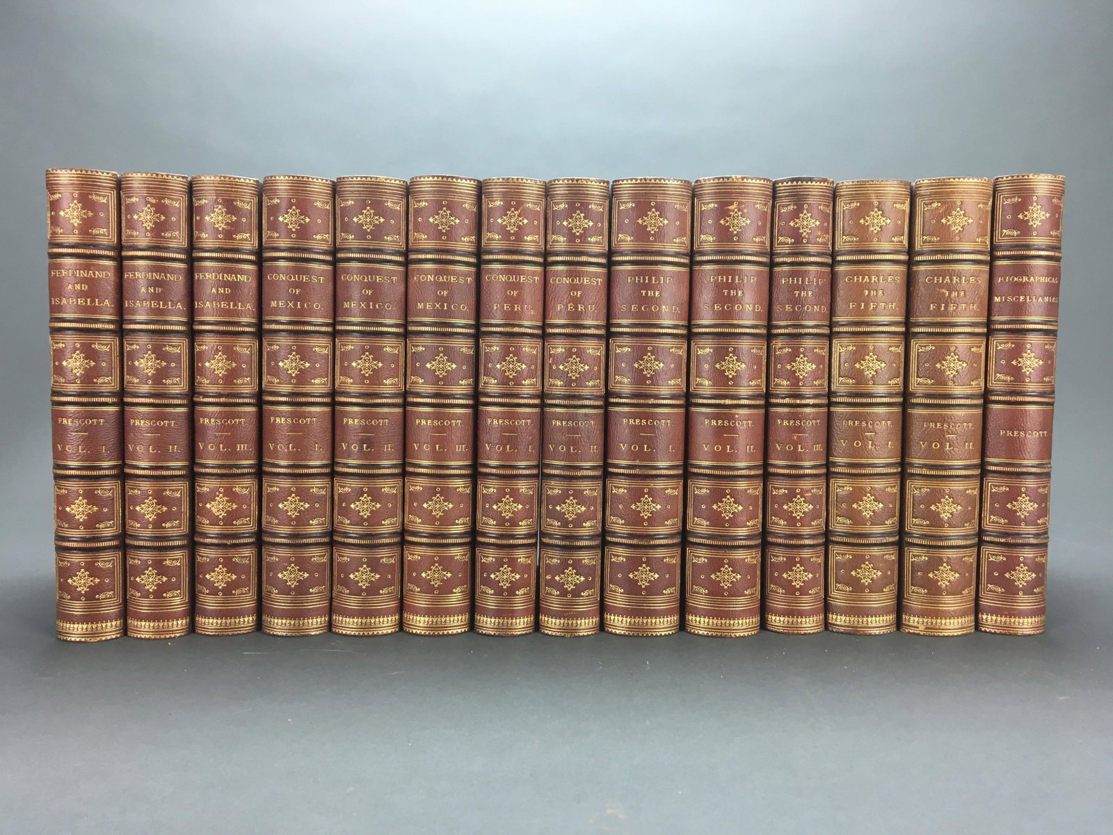 William Prescott, Works. 14 Vols. 1839-1857.: Prescott, William H. Works. 14 Vols. 8vo. Later uniform half-brown morocco & marbled boards, top edges gilt. Harper & Brothers New York, unless noted. Includes: History of the Reign of Ferdinand and I