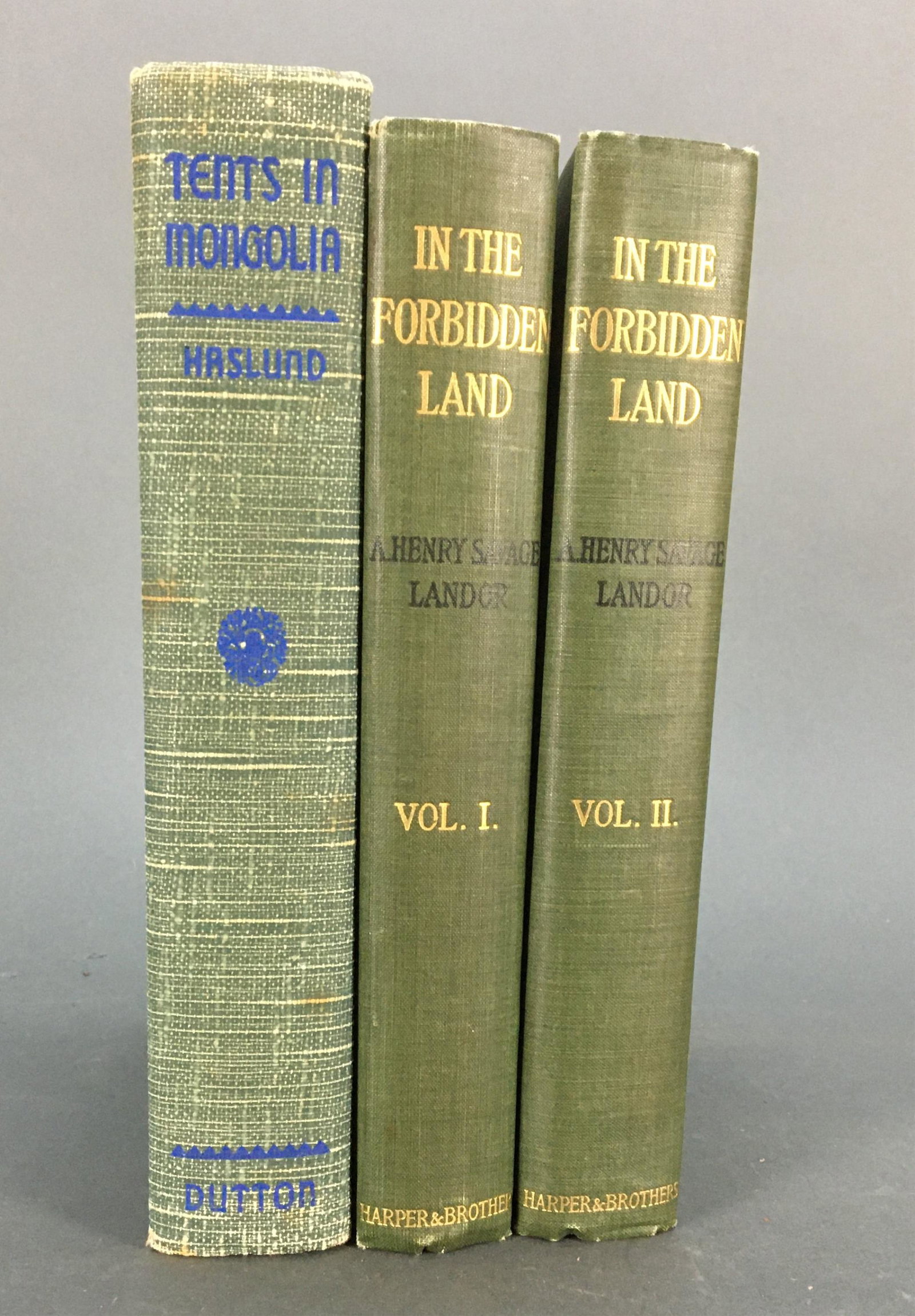 3 vols. Incl: In the Forbidden Land. 1899.: [Asia] 3 vols, 2 titles. (1-2) Landor, A. Henry Savage. In the Forbidden Land: An Account of a Journey into Tibet... Harper & Brothers, New York and London, 1899. 8vo. Green cloth binding with gilt le