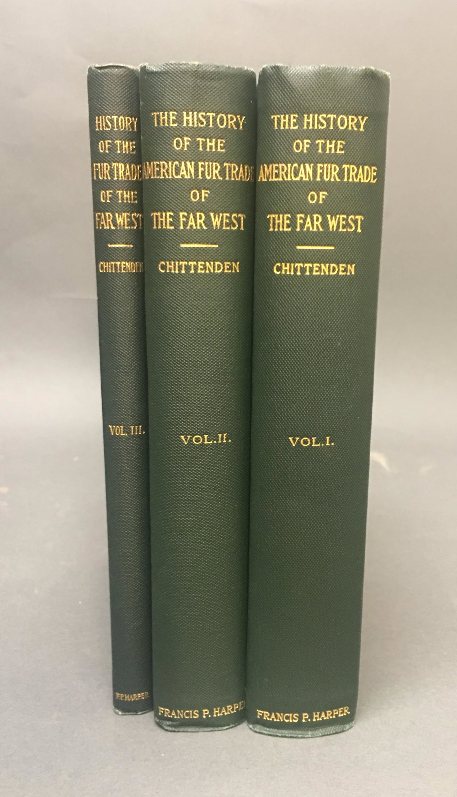 3 vols. History of the American Fur Trade. 1902.: [Frontier] Chittenden, Hiram Martin. The History of the American Fur Trade of the Far West. Francis P. Harper, New York, 1902. In 3 Volumes. 8vo. Green binding with gilt lettering on spine._x000D_ Con