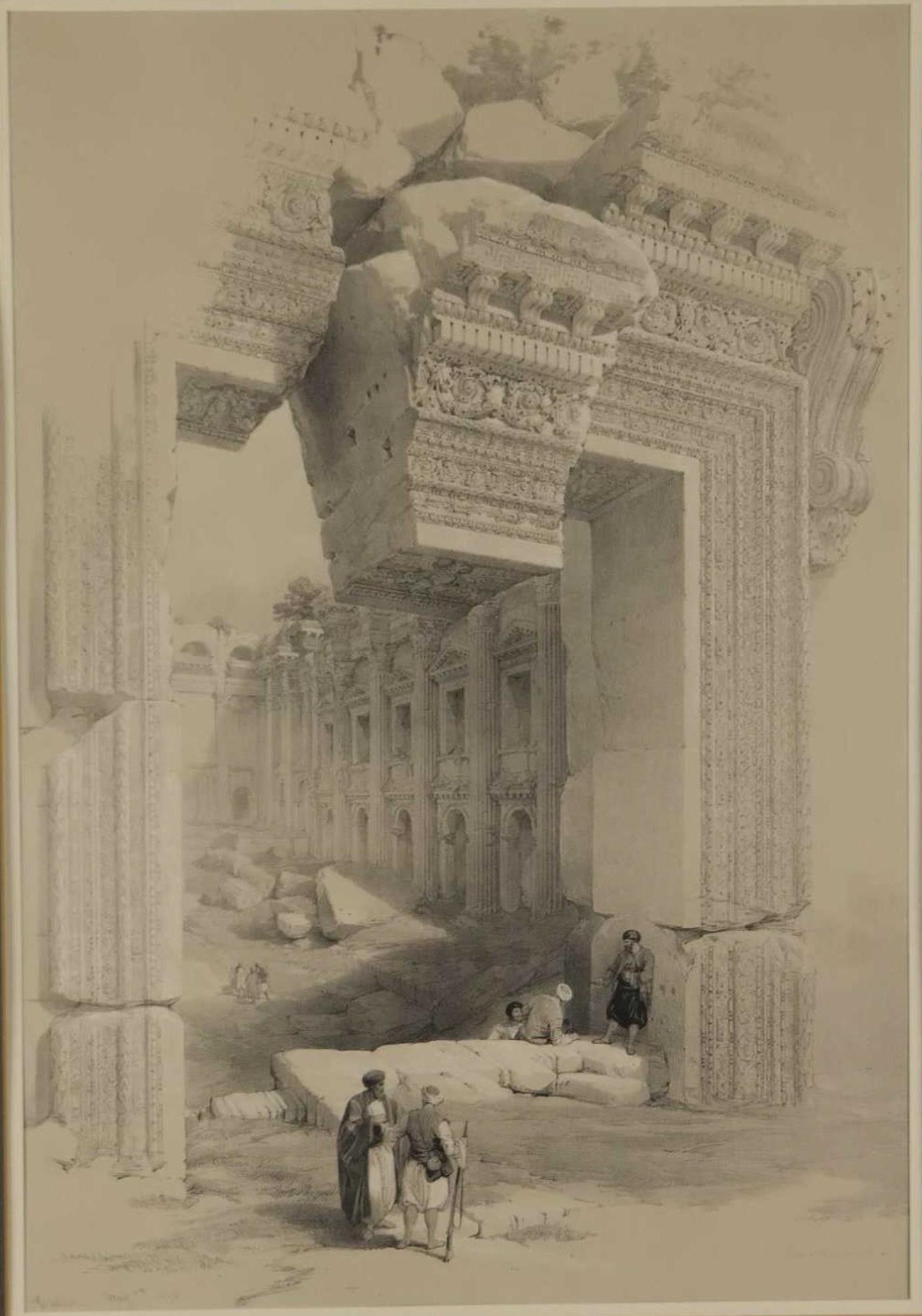 "Baalbec, May 7th 1839" Plate 81. 1849.: [Egypt] Roberts, David. Baalbec, May 7th 1839. Plate 81. London, F.G. Moon, 1849. Lithograph. From Roberts 3 volume masterwork, Egypt & Nubia, 1846-9. Abbey I 272. Framed: 29" x 23". Condition Under g
