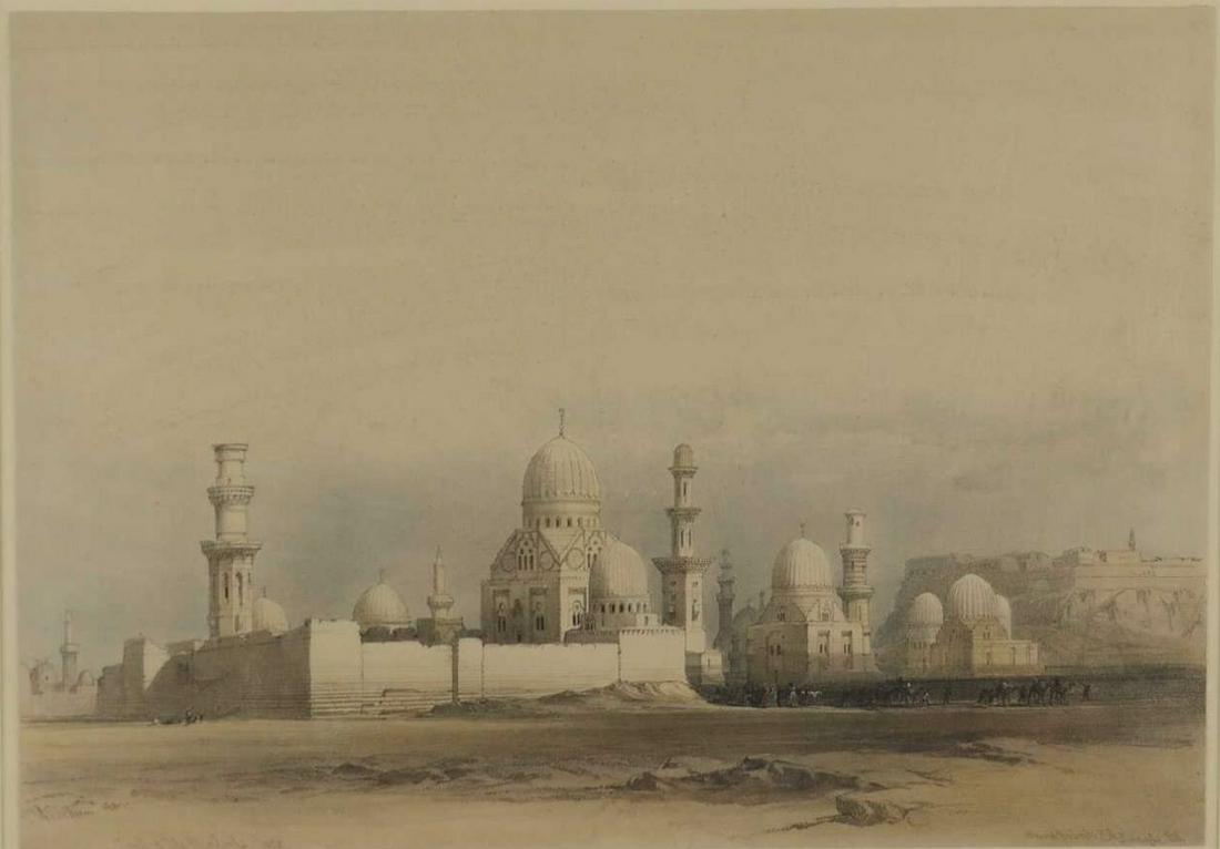 2 David Roberts lithographs from Egypt... 1849.: [Egypt] 2 Lithographs. Roberts, David. (1) Tomb of the Memlooks. Plate 107. Framed: 19" x 22 1/2". (2) Ruined Mosques in the Desert, West. London, F.G. Moon, 1849. Lithograph. From Roberts 3 volume ma
