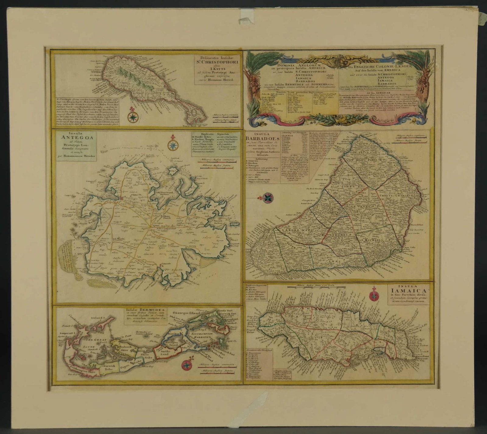 Various. 2 maps of the West Indies. c.1740/1817.: [Caribbean] 2 maps. (1) Homann Heirs. â€œDominia Anglorum in Praecipuis Insulis Americae ut sunt Insula S. Christophori Antegoa Iamaica Barbados nec non Insulae Bermudes vel Sommers.” c.1740