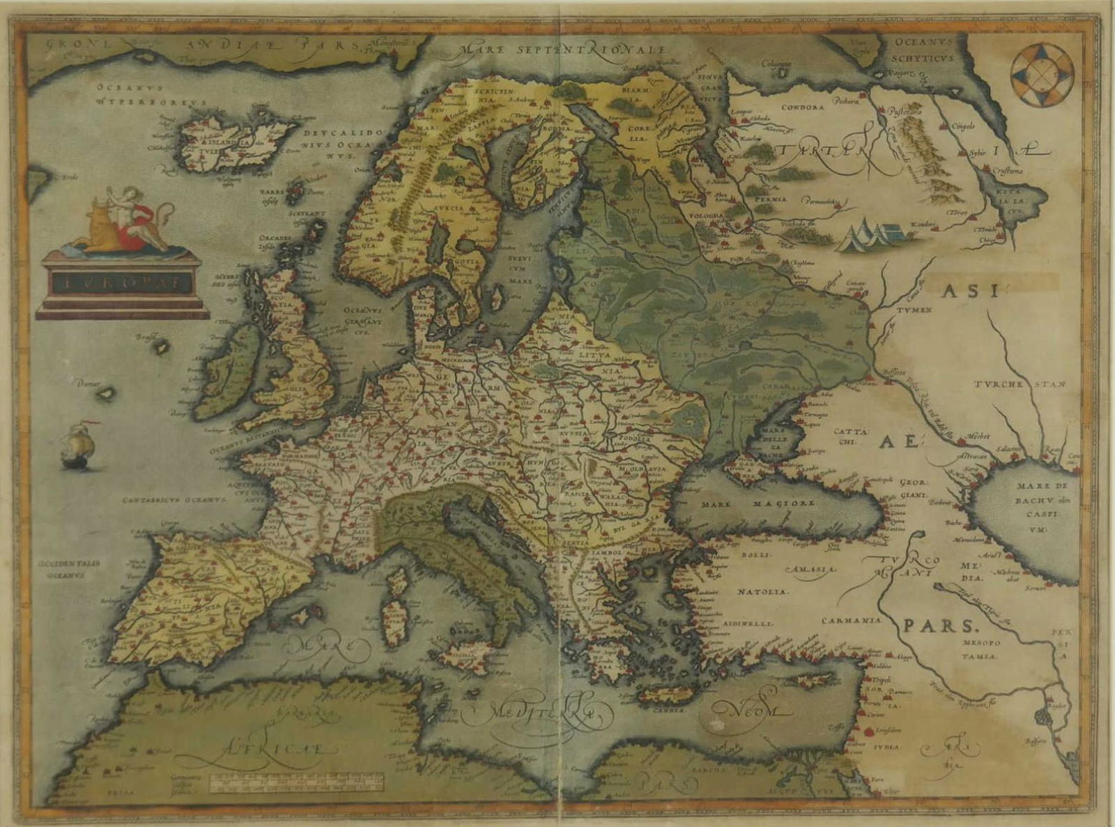Ortelius. Europae. 1612.: [Europe] Ortelius, Abraham. Europae. Venice, c.1612. Engraved map. 18 1/2" x 15". Text in Italian. Iceland engraved as Islandia Thule. Mythical islands of Brasil and Demar noted. Labradorâ's cape not
