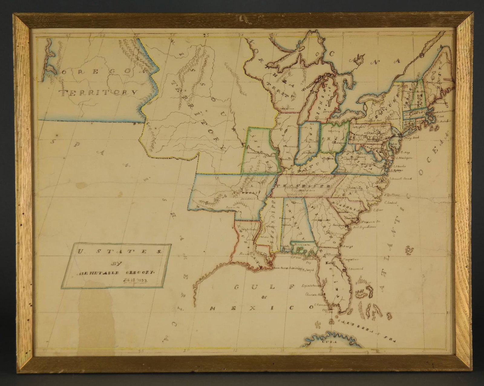 2 maps of the World and the United States. c.1850.: [Folk Art] 2 maps. Hand drawn by Mehetable Gregory in the mid 1800s. (1) Map of the World based on Tannerâ€™s Map of the World. Undated c.1850. 21 3/4” x 12 1/2”. Framed: 23” x 