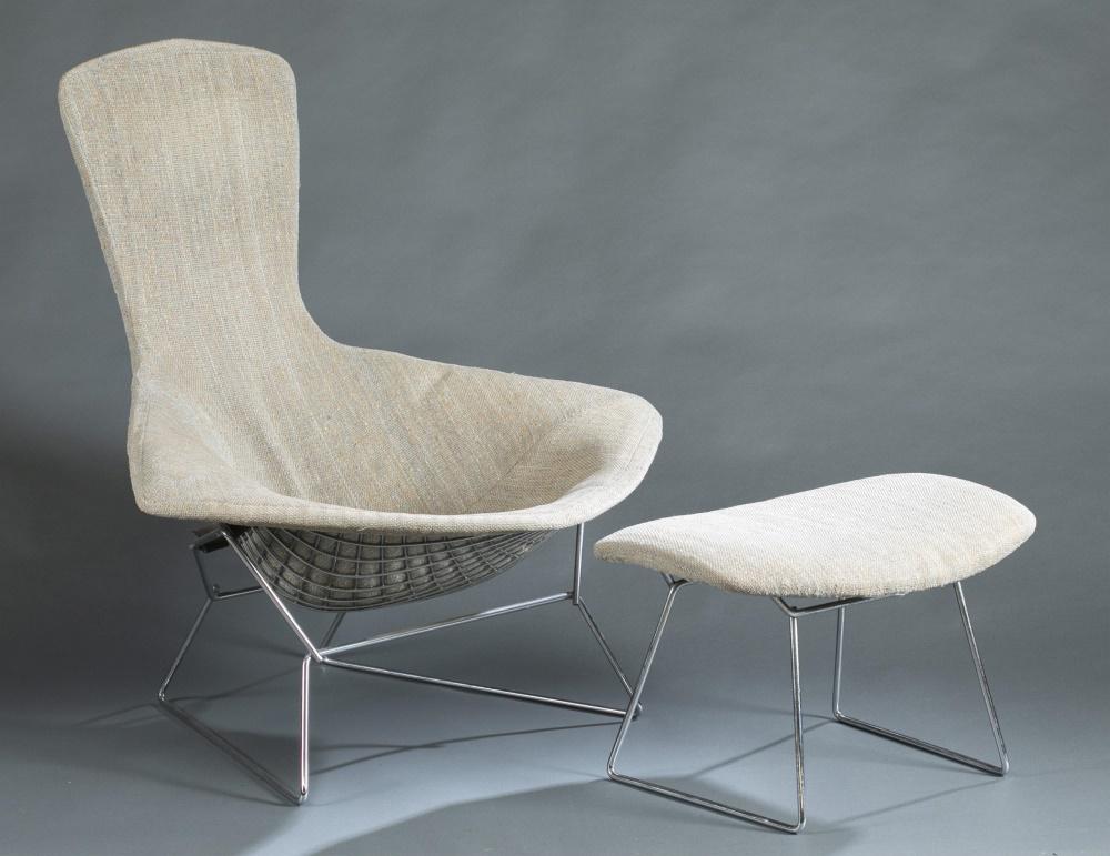 Harry Bertoia, "Bird" chair & ottoman.: Harry Bertoia (Italian-American, 1919-1978) "Bird" chair and ottoman. Upholstered chrome-plated steel frame with grid support. Original upholstery. Wear along seams consistent with age and use. Chair: