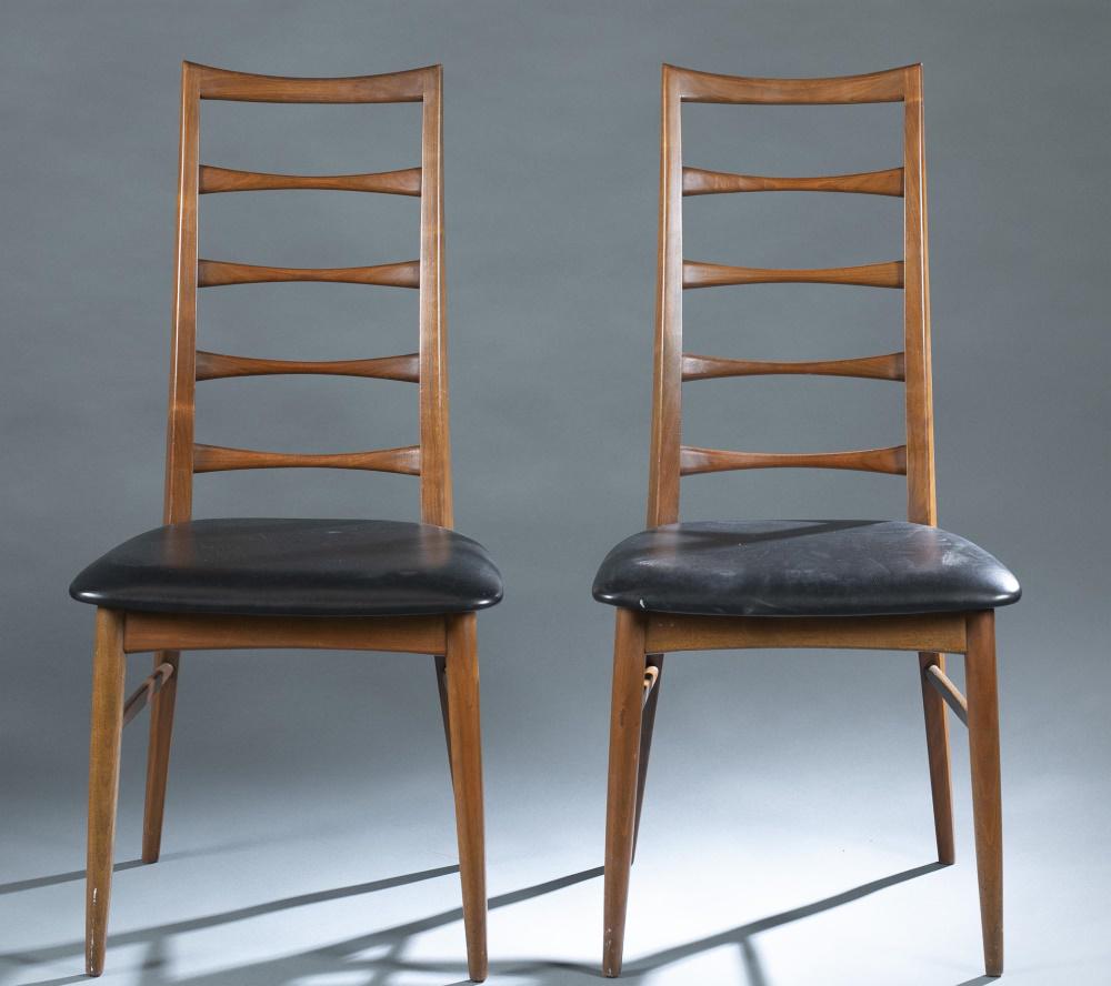 6 Danish Koefoeds teak chairs.: A set of six Danish Koefoeds Hornslet teak chairs. Mid 20th century. Tapered ladder back and leather upholstered seats on round tapered legs. Labeled on seat rail "Furniture makes Danish Made in Denma